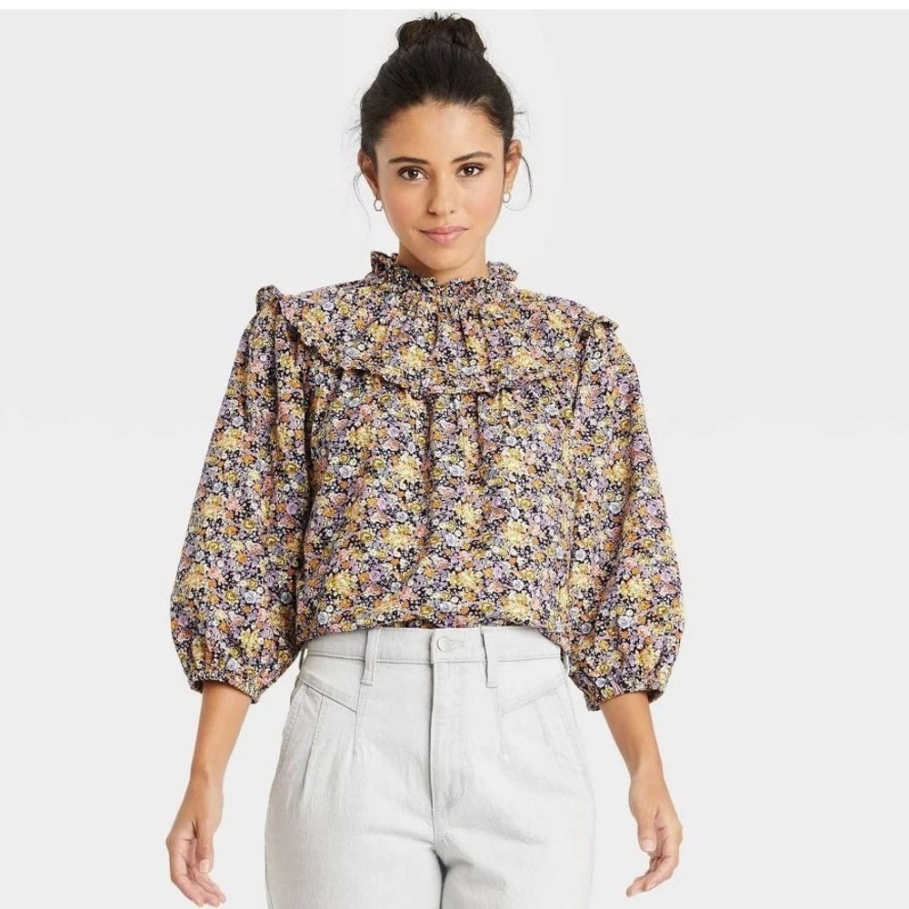 Cottagecore Floral Ruffle Yoke Blouse XXL Balloon Sleeve Cotton Boho